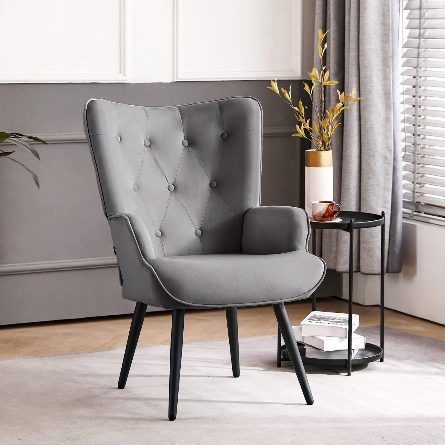 Furniliving Tufted Button Wingback Chair Upholstered Sherpa Accent Chair with Wide Arm Modern Leisure Club Chair, Lvory white