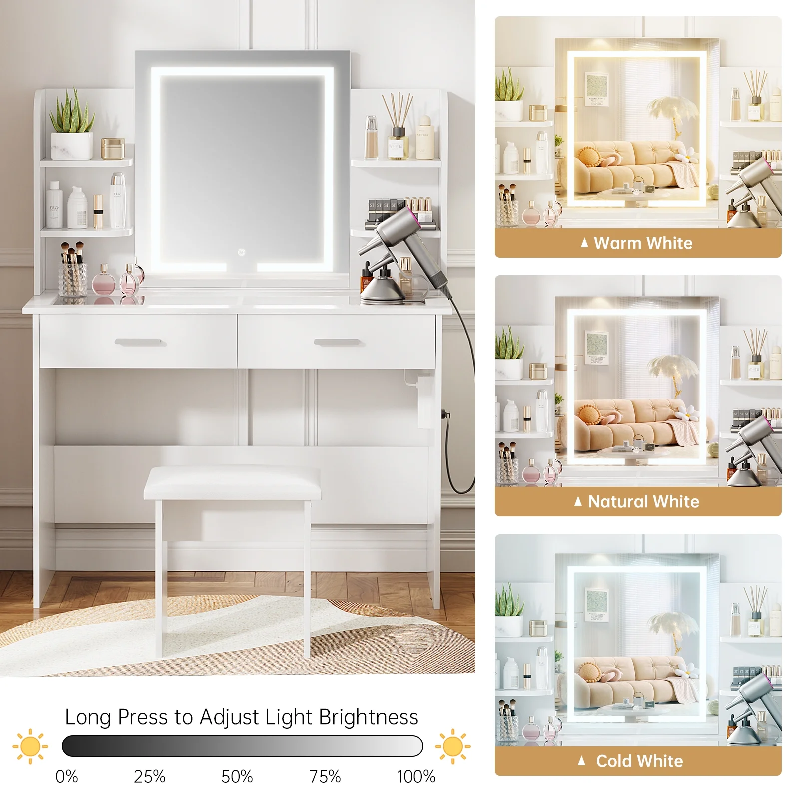 RichYa Modern Makeup Vanity Set with Lights Mirror and Drawers,White Makeup Desk,Dressing Table