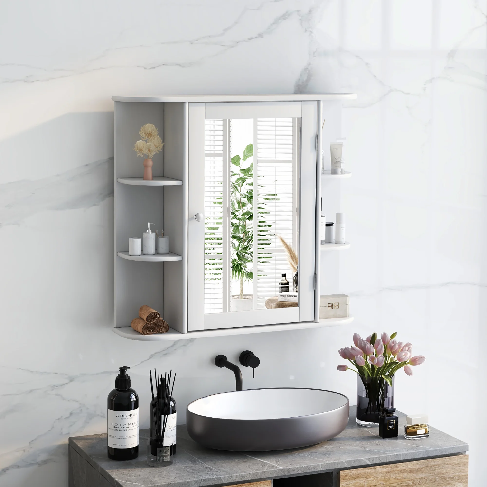 Costway, White, Medium Density Fiberboard, Multipurpose Mount Wall Surface Cabinet Mirror Glass, 26.00 x 6.50 x 23.50 Inches