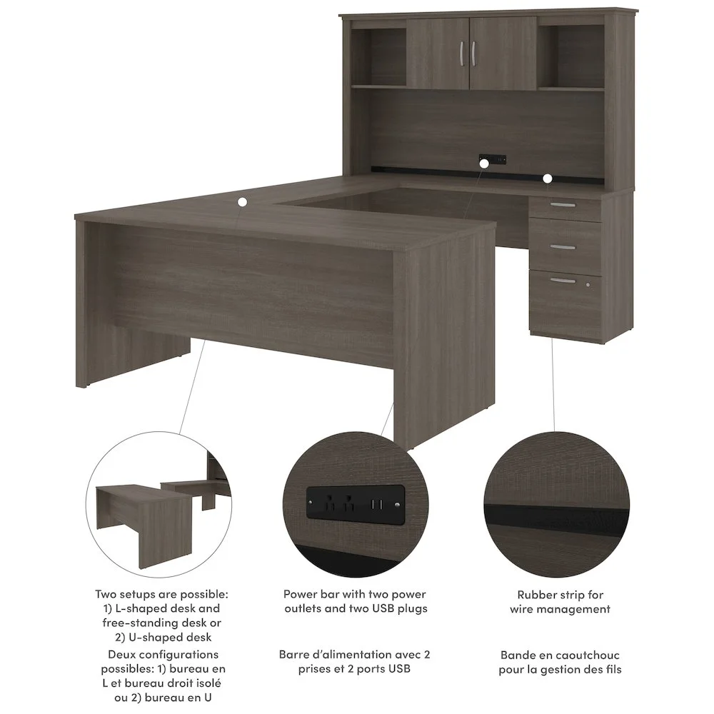 Bestar Logan 66W U or L-Shaped Executive Office Desk with Pedestal and Hutch in bark grey
