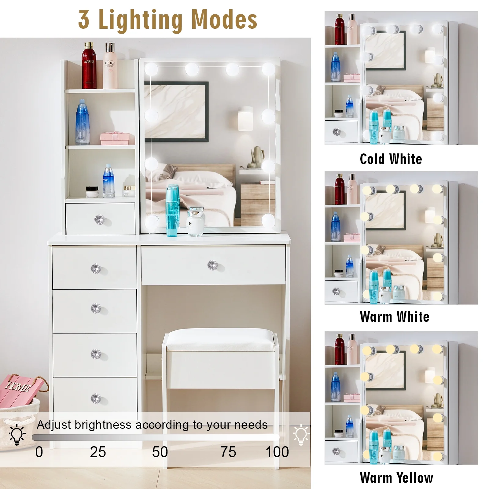 Jarbalai 10-LED Vanity Table with Sliding Mirror, 6 Drawers & Stool, White Makeup Desk