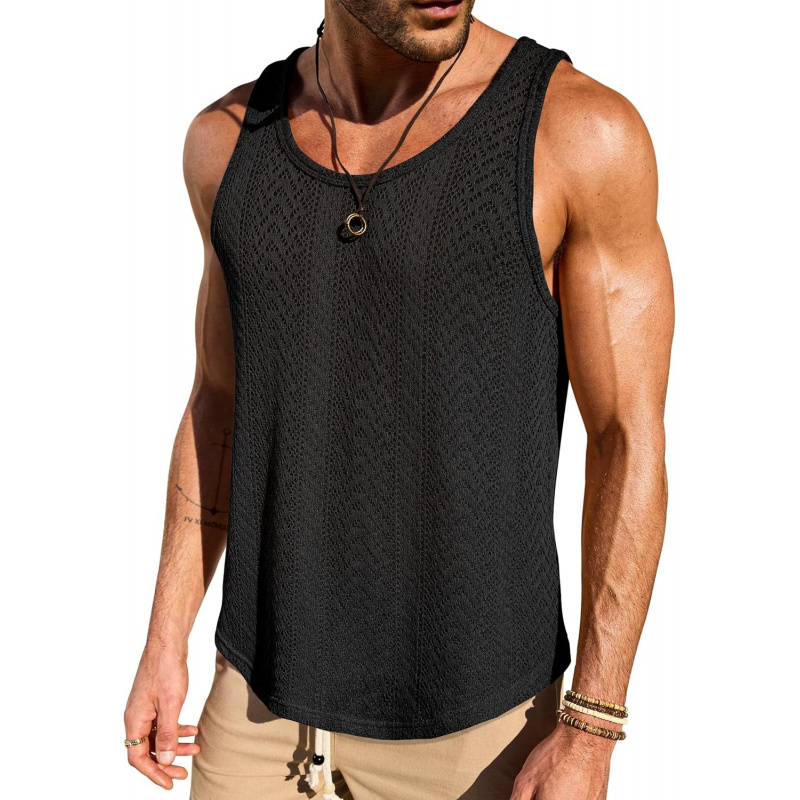 Men Knit Crochet Tank Top Casual Textured Hollow Out Beach Vest(S-XXL)