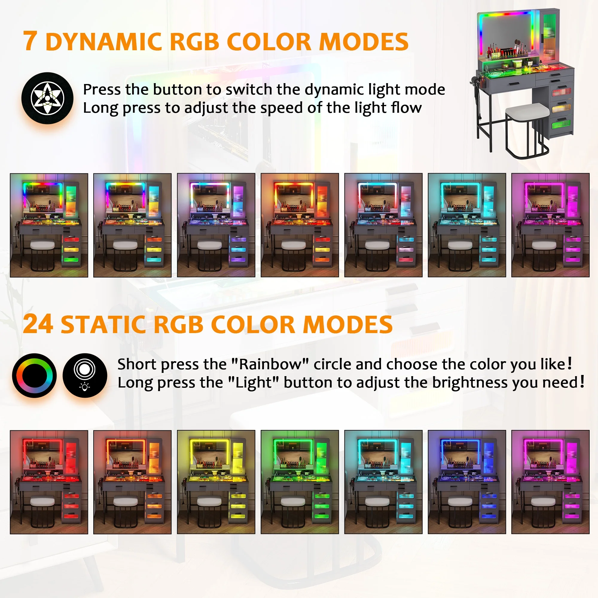 HNEBC Vanity Desk with Mirror and RGB Lights, Glass Top Makeup Vanity with Auto Sensor Lights and Wireless Charging, Vanity Table Set with Cushion Stool, Dressing Table with 6 Drawers (White)