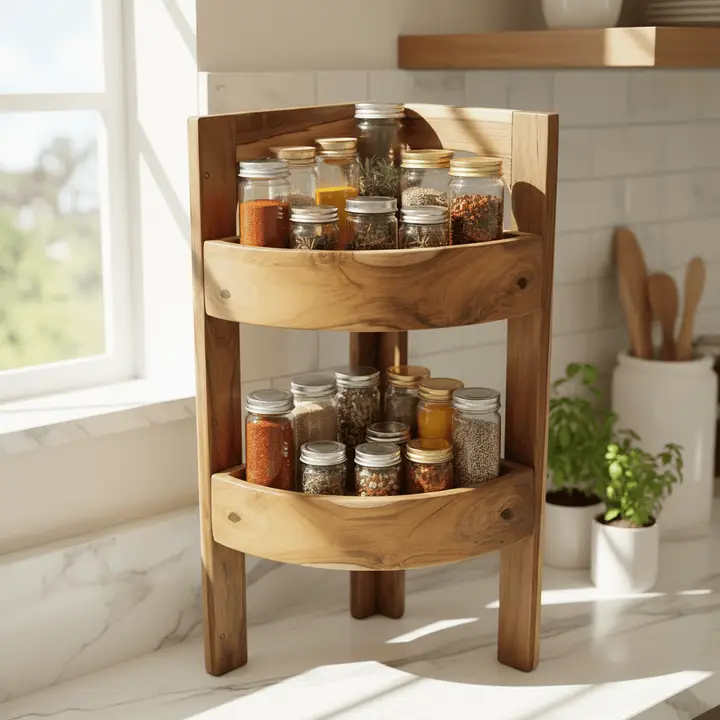 Handmade Teak Corner Shelf – 2 Tier Storage Rack
