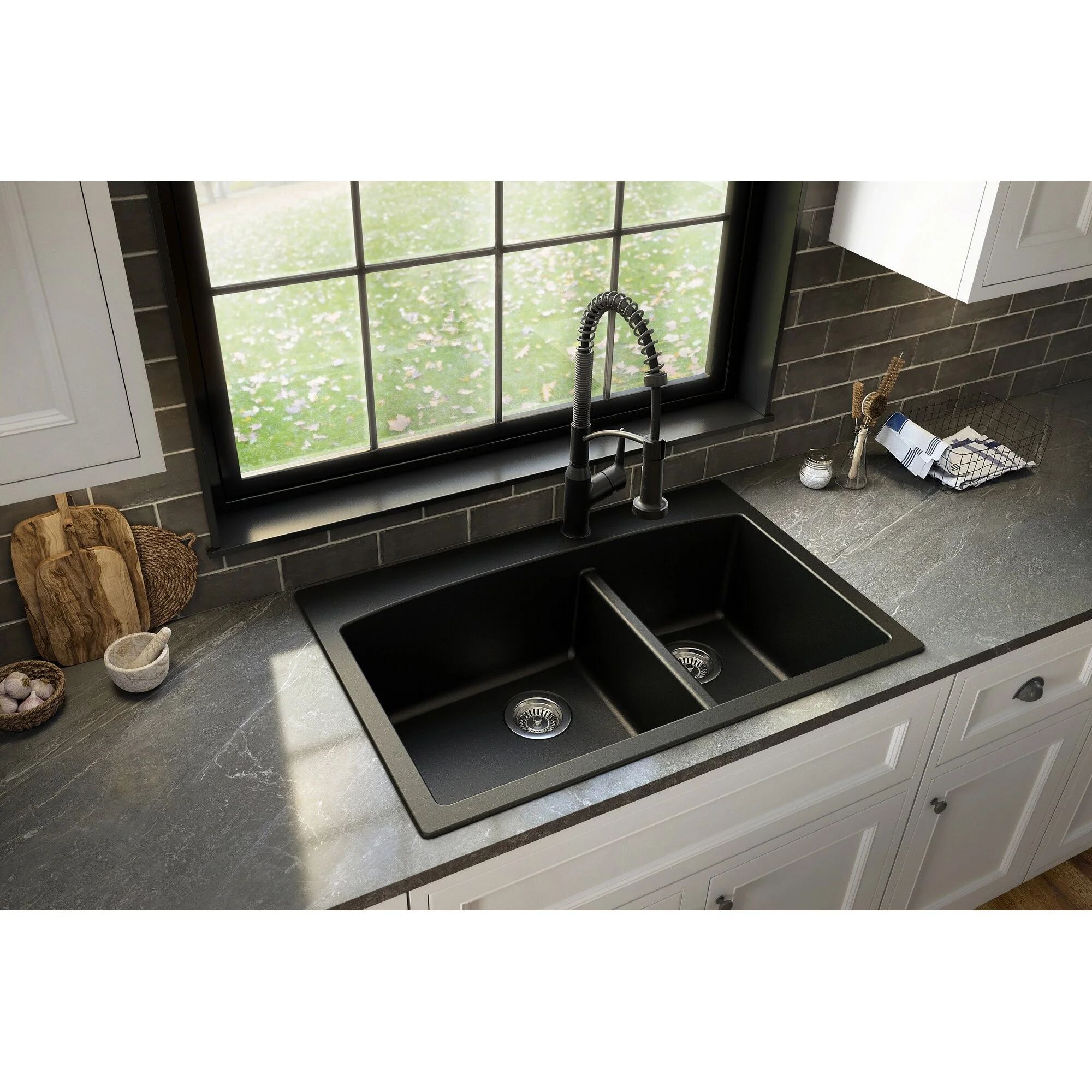 Karran QT-711 Drop-In Quartz Composite 33 in. 1-Hole 60/40 Double Bowl Kitchen Sink in Grey