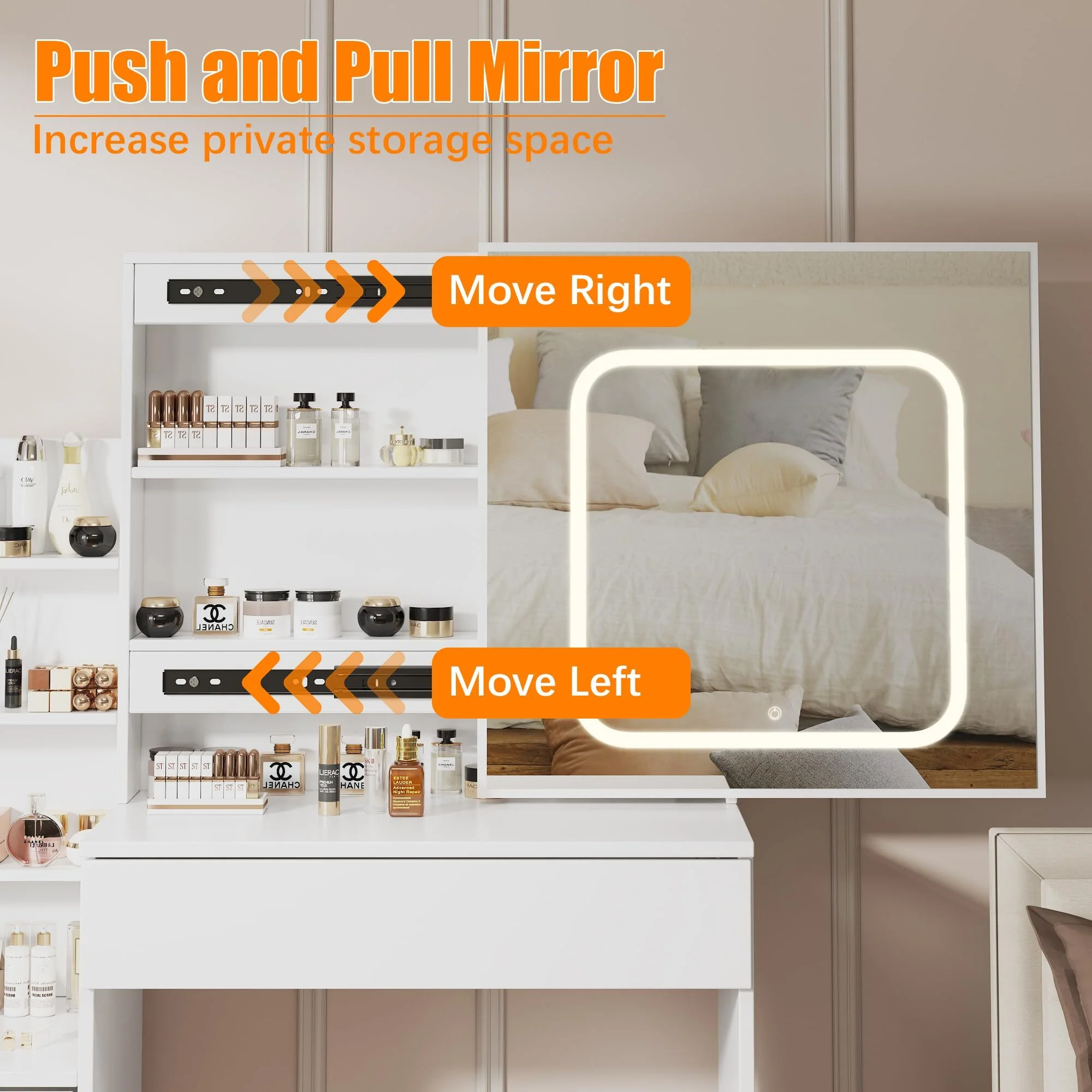Vanity Desk with Sliding Mirror & Lights, Makeup Vanity Set with Charging Station 4 Drawers 7 Shelves, Large Vanity Set with Cushioned Stool for Bedroom, White