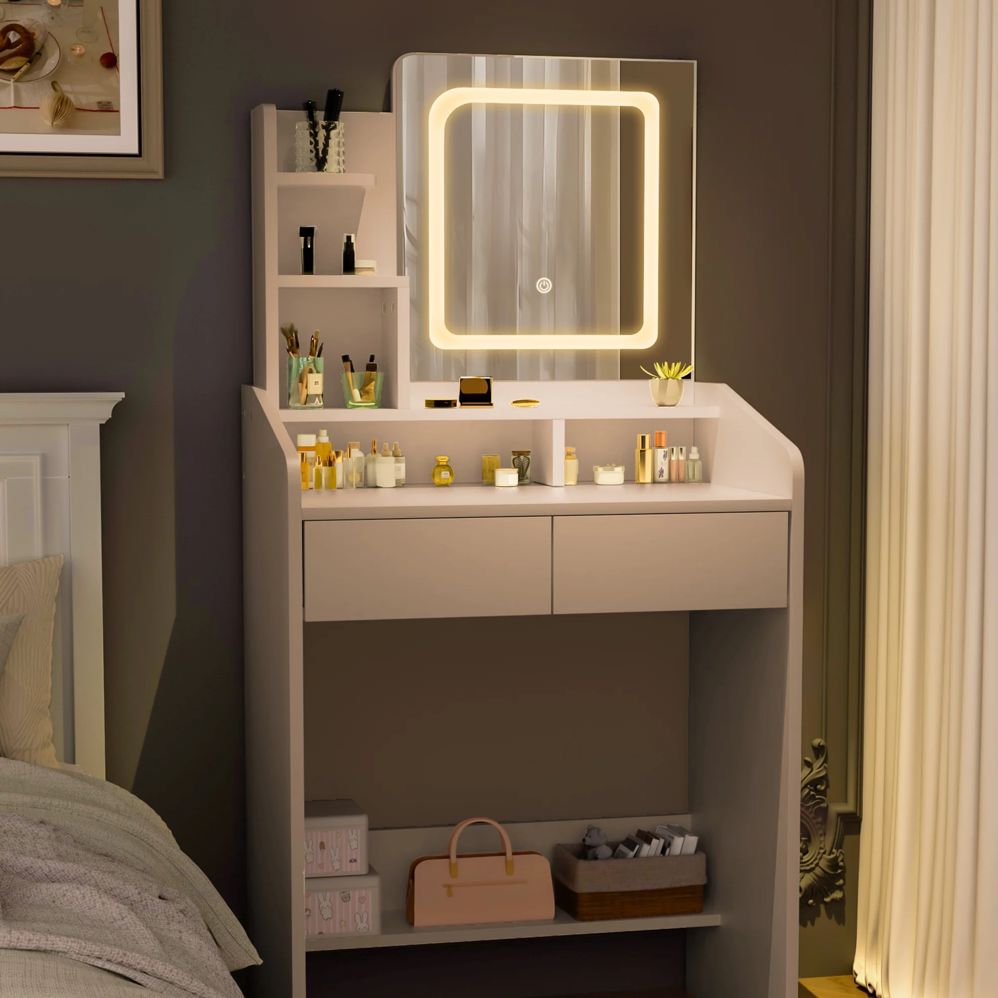 LIVELYGLOW Vanity Desk Set with Square Mirror and Light- Small Vanity Table with Drawers- White