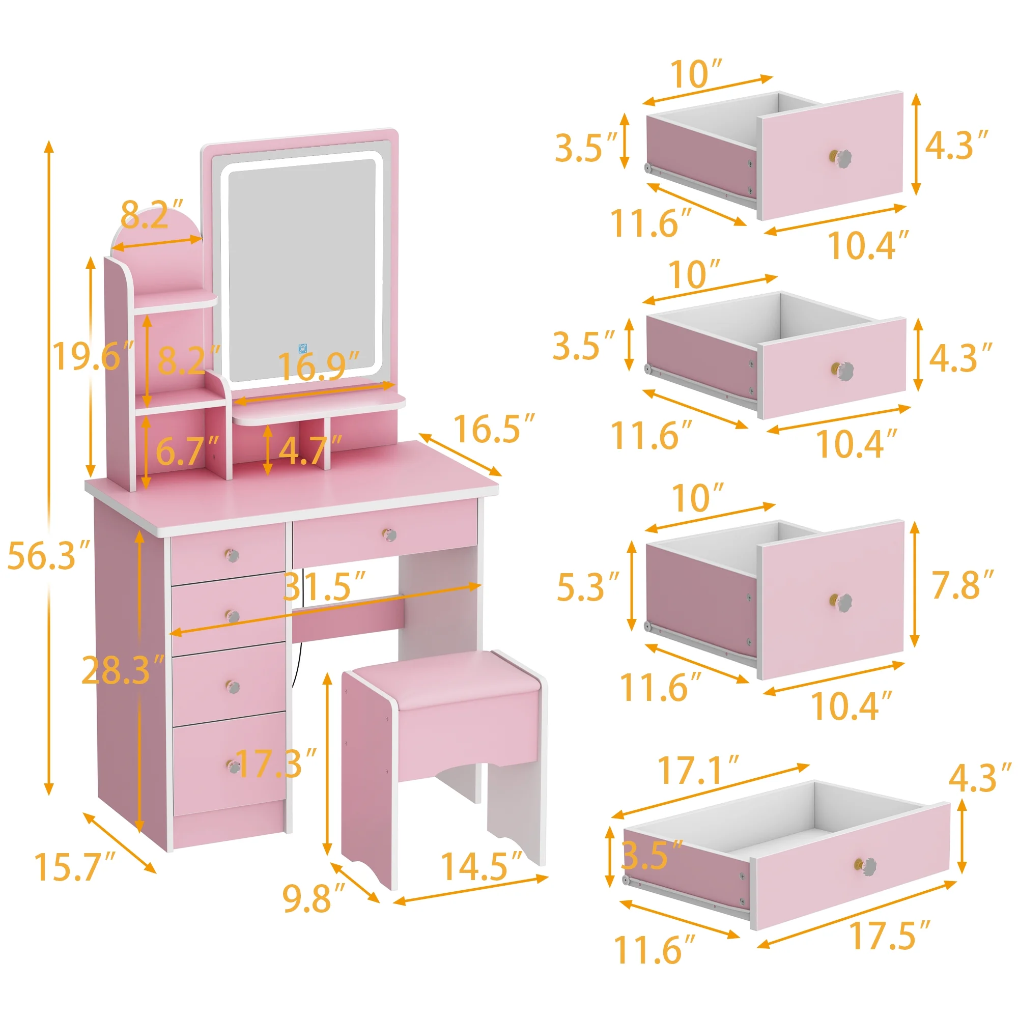 KULAGAGA Vanity Table Set with Light Mirror, Makeup Table with 3 Storage Shelves & 5 Drawers, Dressing Vanity Tables with , Dresser Desk for Girls, Women, White