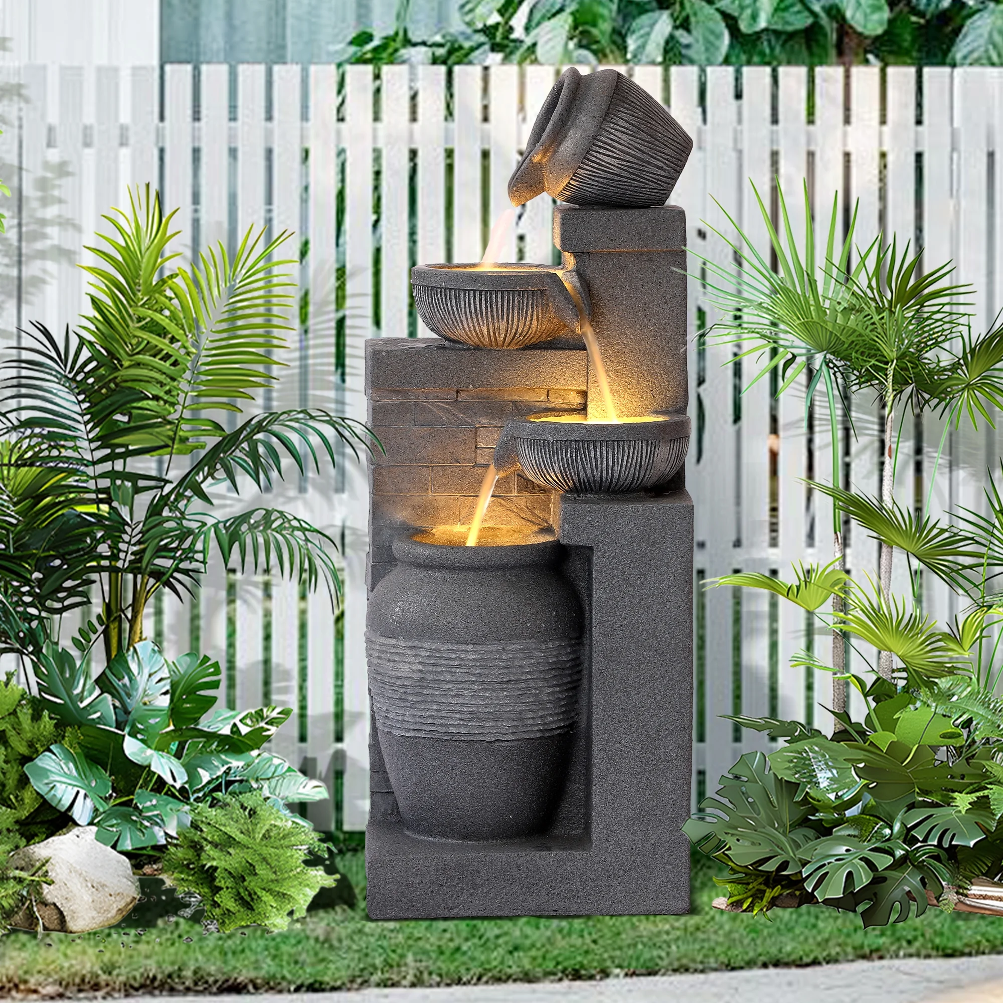 Magic Union Outdoor 4-Tiers Water Fountain, Garden Cascading Waterfalls Fountain with LED Lights, 32