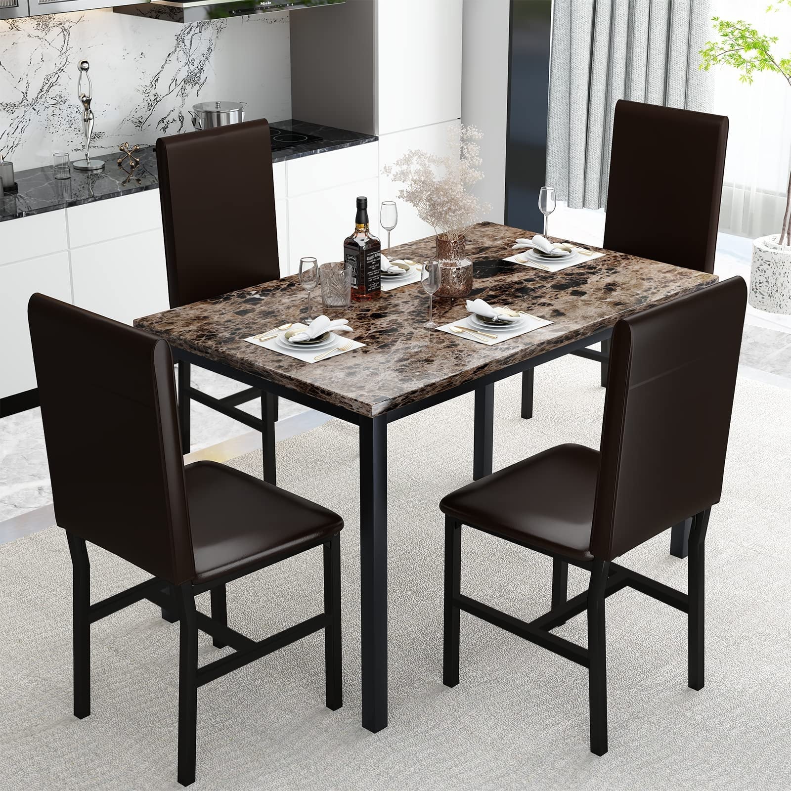 AWQM 5 Piece Dining Table Set for 4,Faux Marble Kitchen Table and Chairs for 4, Dining Room Table Set with PU Leather Chairs, Brown