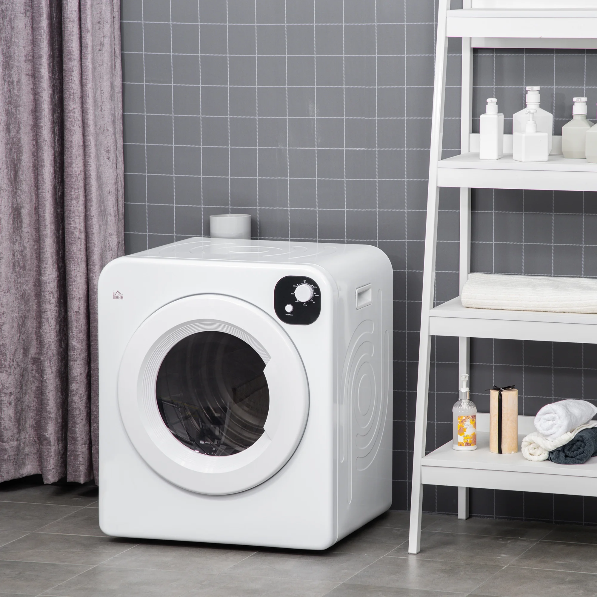 HOMCOM 1300W Compact Laundry Dryer with 3.2 cuft Stainless Steel Drum White