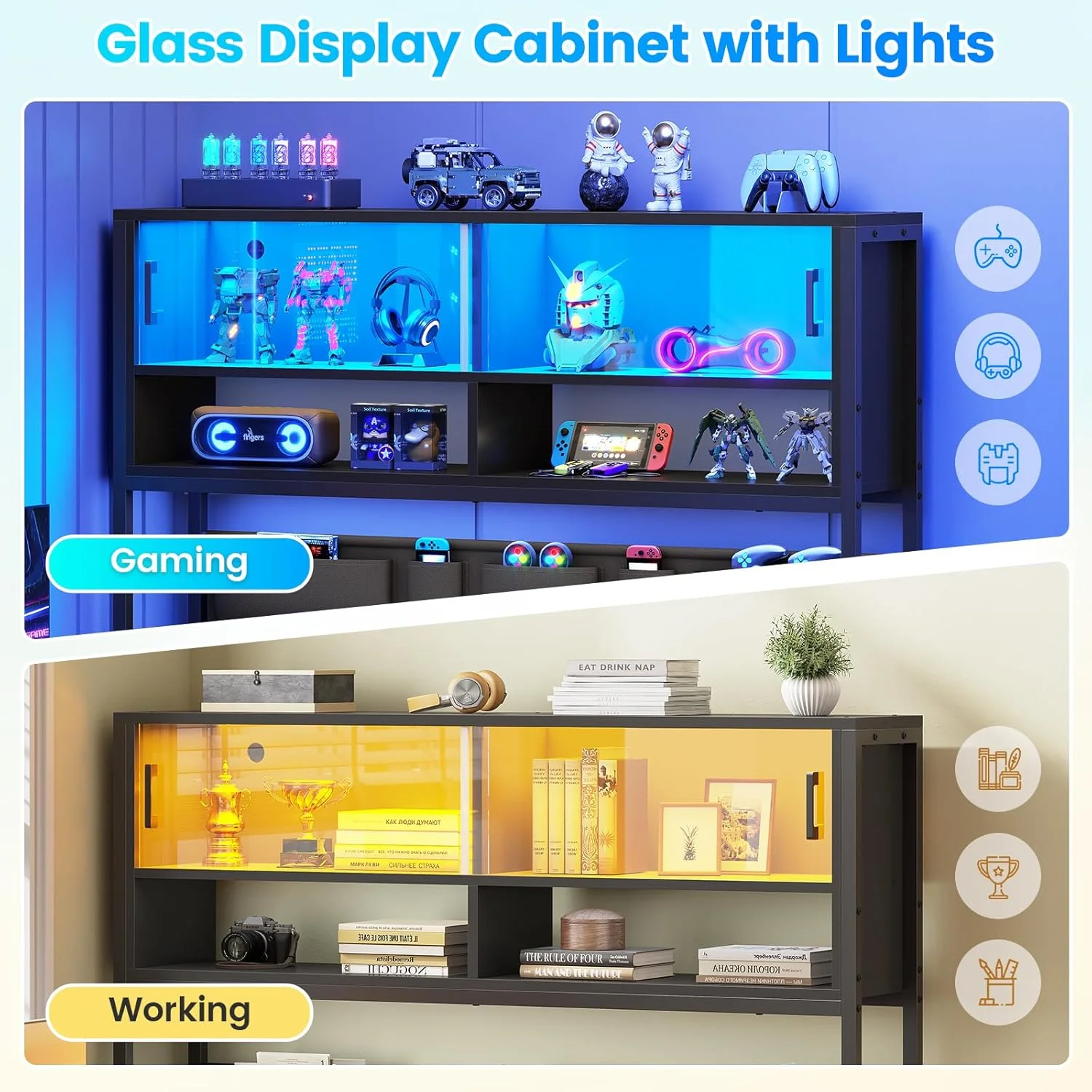 L Shaped Computer Desk with 2 Drawer and Bookshelf, L Shaped Gaming Desk with LED Light, Black