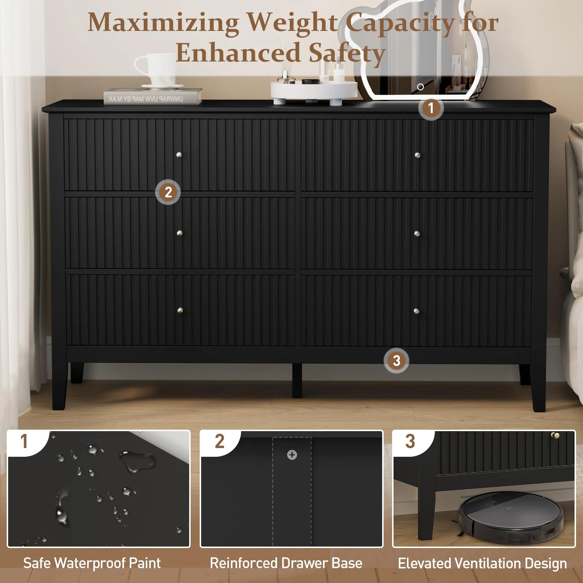 May Color Large White 3 Drawer Dresser Set of 2 with Fluted Panel, Modern Chest of Drawers with Silent Slide Drawers, Wood Accent Nightstand with Storage for Bedroom Living Room, Hallway