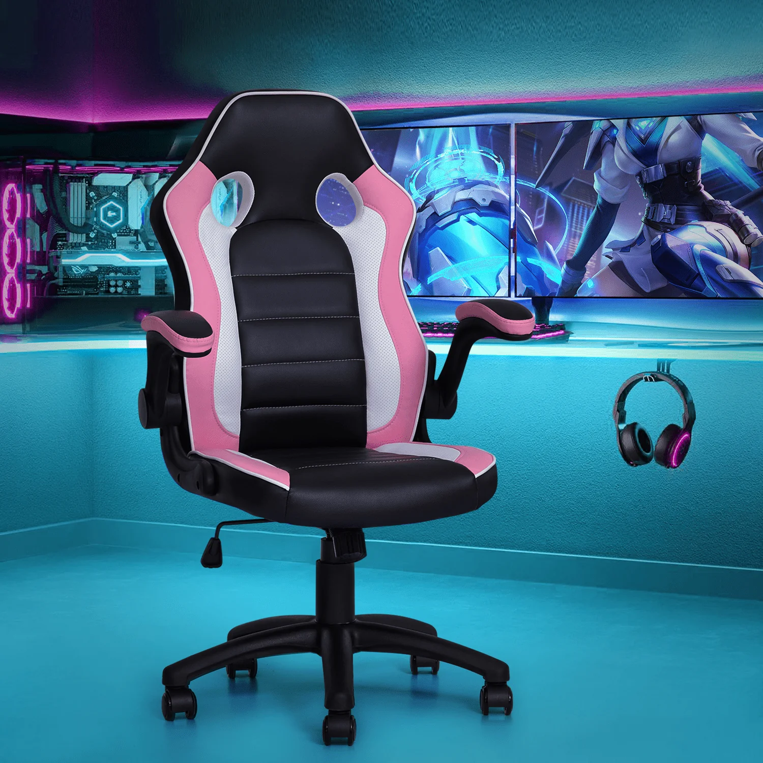 MoNiBloom PU Leather Computer Gaming Chair, with Flip-Up Arms Working Desk Office Seat, Black/Pink