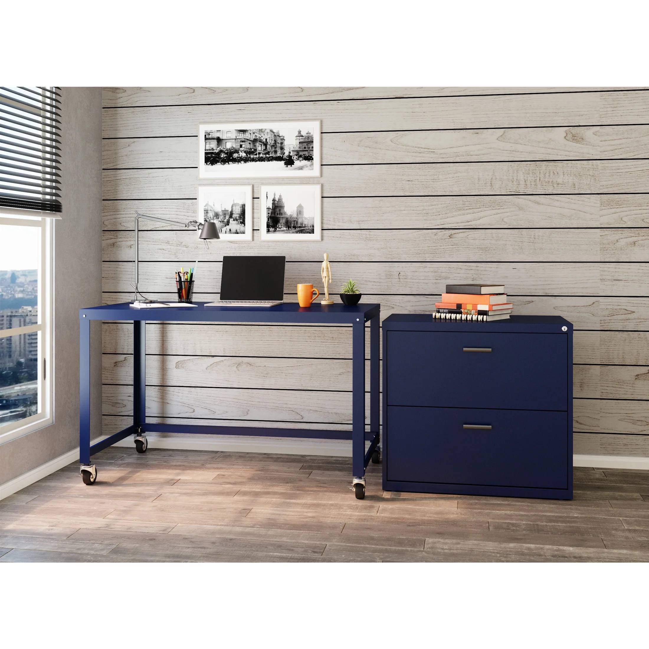 Space Solutions Ready-to-Assemble 48-inch Wide Mobile Metal Desk for Home Office, Navy