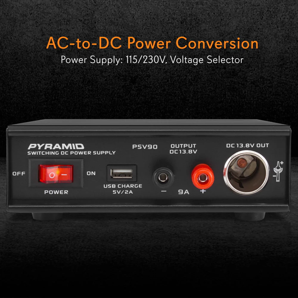 Pyramid PSV90 - Desktop Bench Power Supply, AC-to-DC Power Converter with USB and Vehicle Cigarette Lighter Socket (9 Amp)