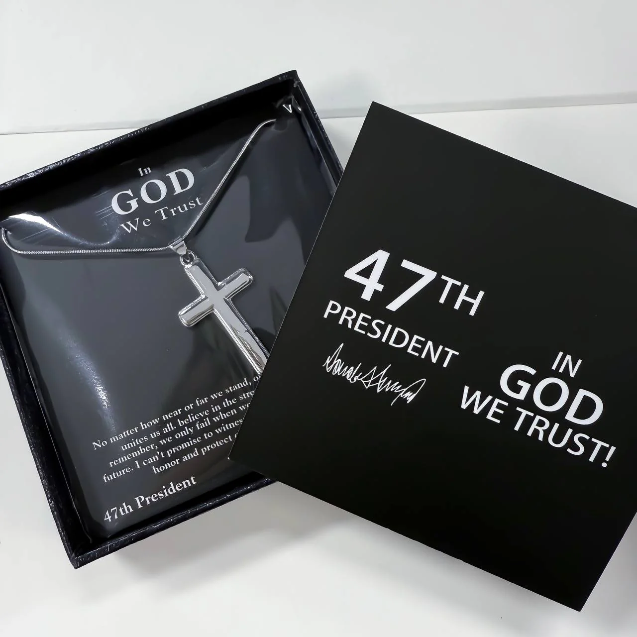 Sterling Silver 47th President “In God We Trust” Cross Necklace