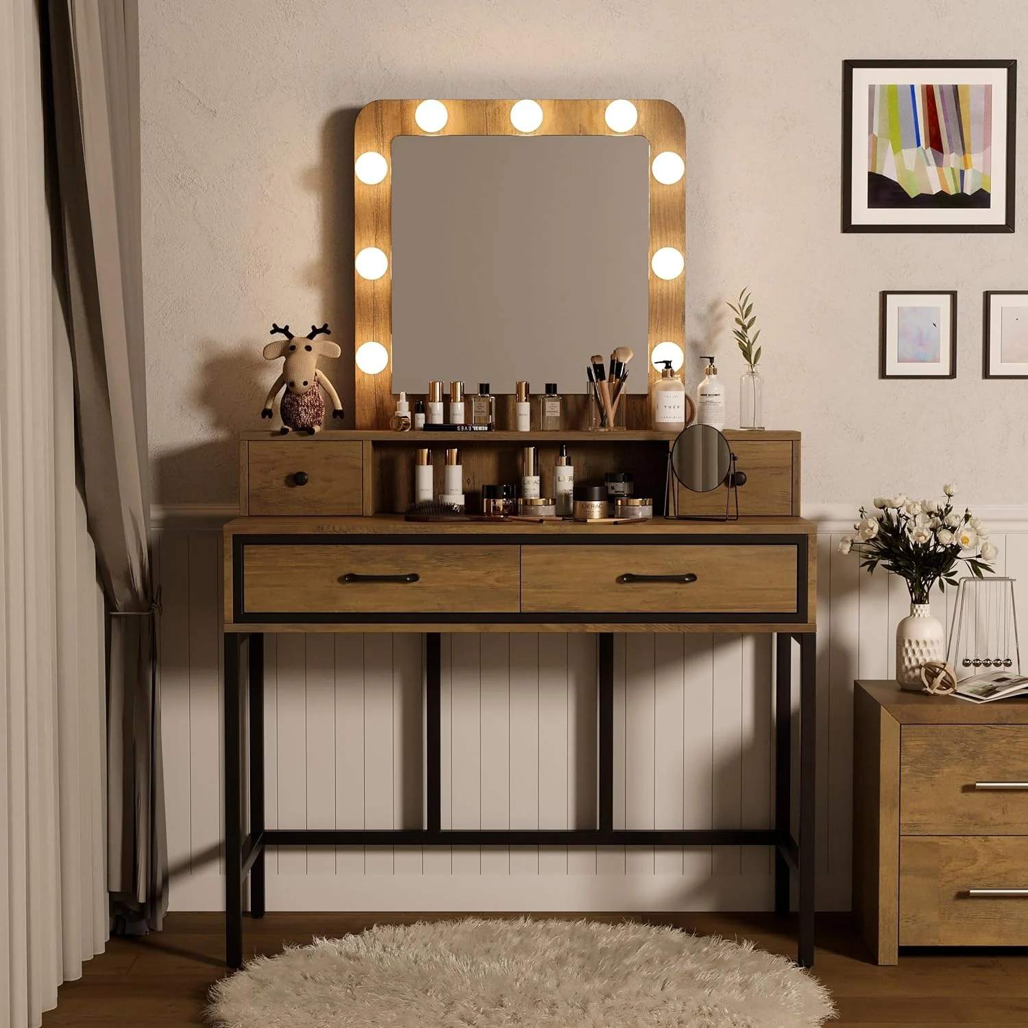 Heynemo Makeup Vanity with 3 Color Dimmable Lighted Hollywood Mirror, Vanity Table with 4 Drawers for Women Girls, Dressing Desk for Bedroom, Beauty Room, Brown