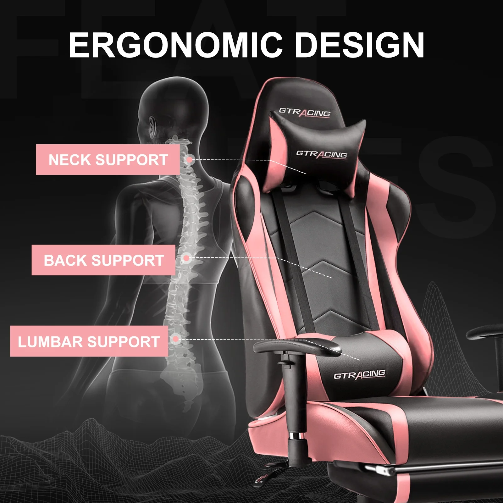 GTRACING Gaming Chair, Ergonomic Office Desk Chair with Lumbar Support, PU Leather, Footrest & Adjustable Headrest, Red