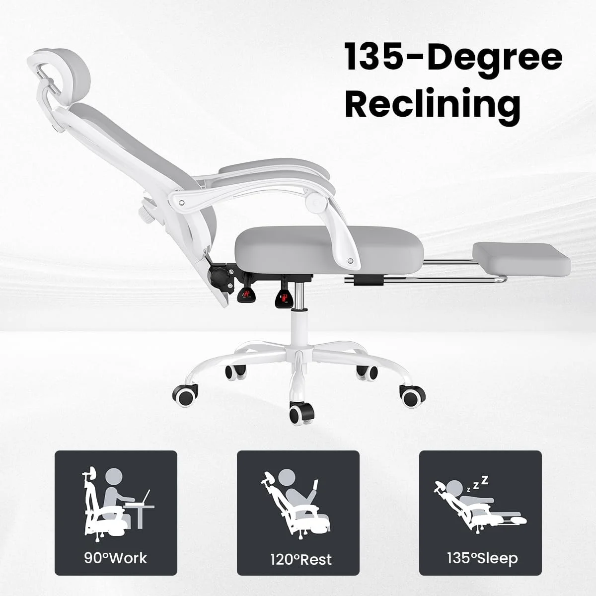 STARY Ergonomic Office Chair with Footrest, High Back Mesh Desk Chair with Adjustable Headrest & Lumbar Support, Comfortable Computer Chair for Home Office Study, White & Beige