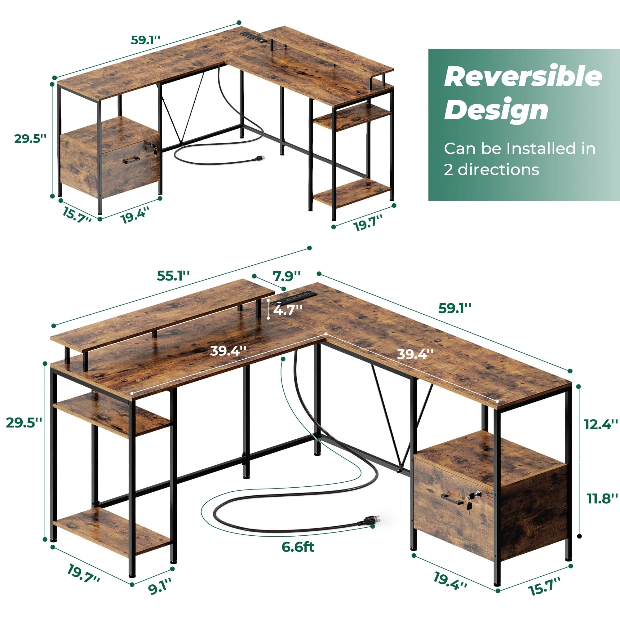 Huuger L Shaped Desk with Power Outlets & LED Lights, Reversible Computer Desk with File Cabinet & Storage Shelves, Corner Gaming Desk Home Office Desk, Rustic Brown