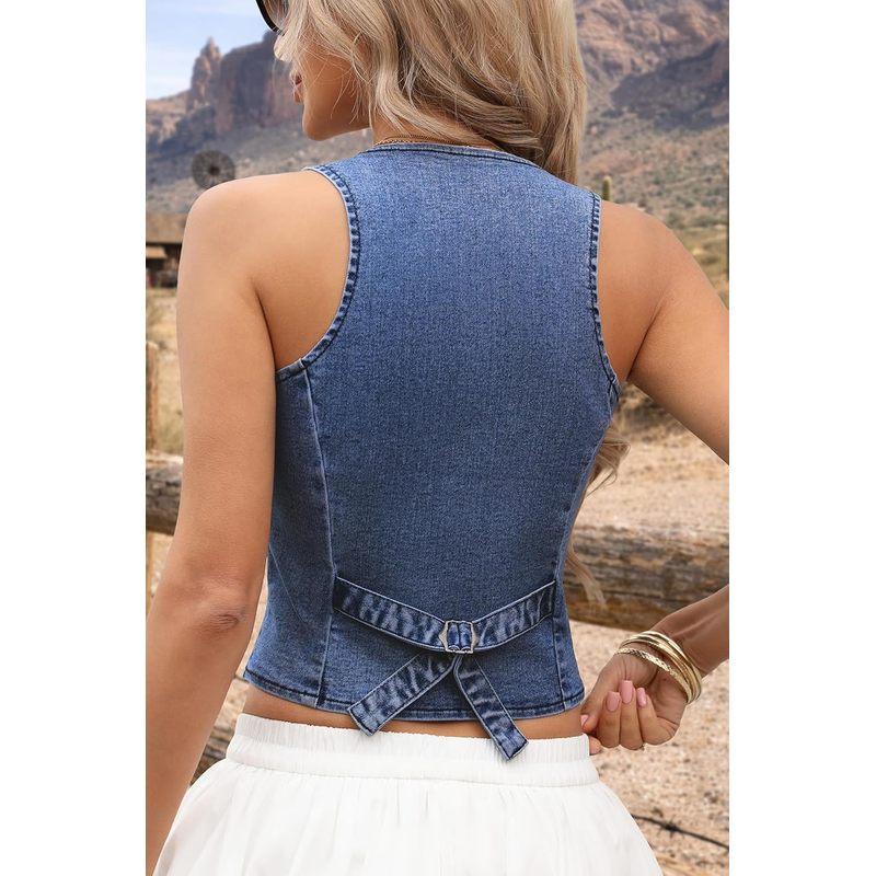 Women's Summer Cropped Denim Vest Western Style Faux Pockets