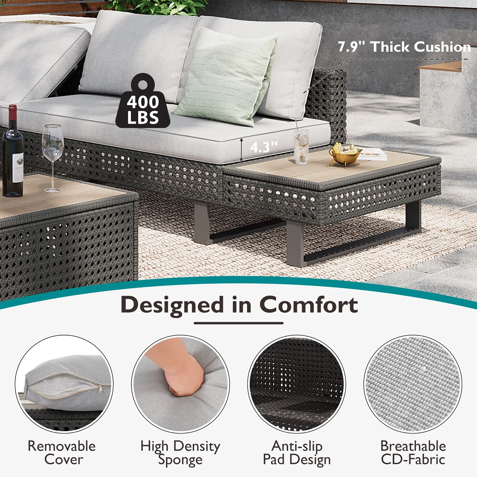 6-Piece Outdoor Sectional Furniture Set for Patio, Expandable Coffee Table w/ Ice Bucket & Collapsible Seat, Deep Cushions - Khaki