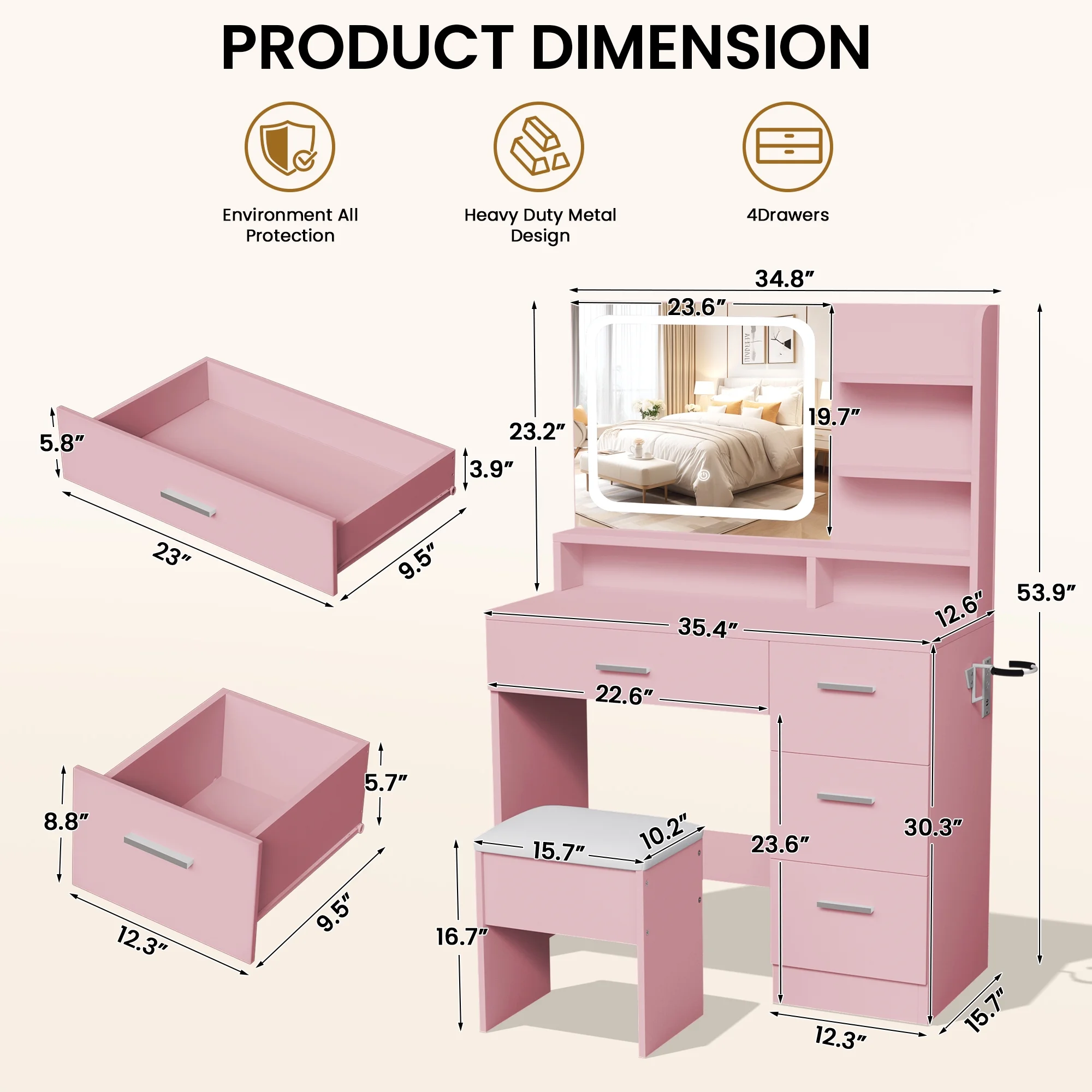 LIVELYGLOW Vanity Desk with Mirror and Lights, Makeup Vanity with Drawer & Storage Shelves, Cabinet, 3 Lighting Modes Adjustable Brightness,White