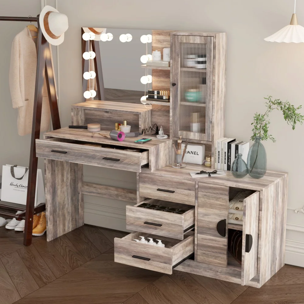 IVV Vanity Desk with Lighted Mirror and Charging Station, Makeup Dressing Table with 5 Drawers and Storage Cabinet, 10 LED Bulbs, 3-Color Lighting Modes, Brightness Adjustable, Black
