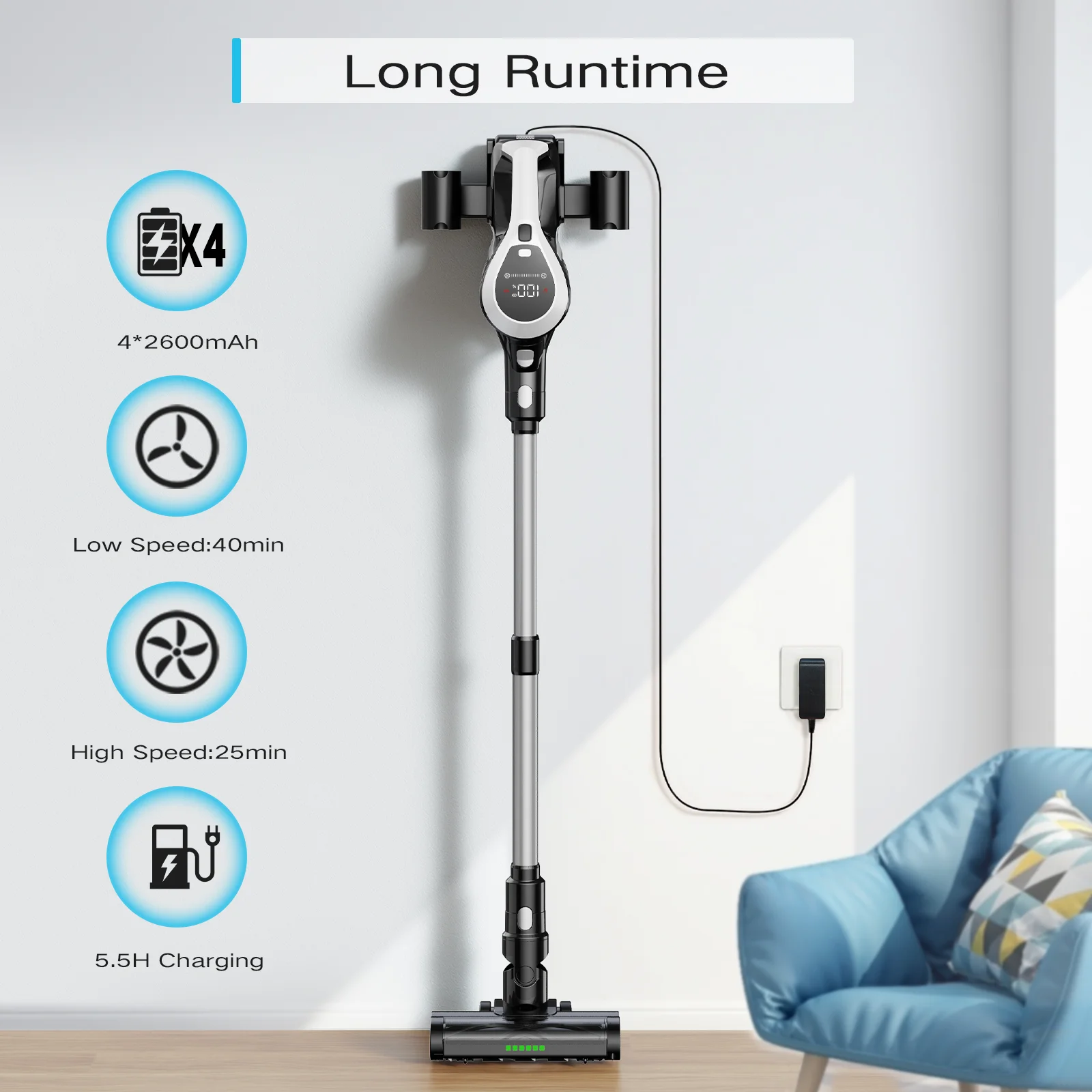 MOOSOO Stick Vacuum Cleaner, LED Display, Anti-Tangle Brush, Powerful No-Fading Suction for Pet Hair, Hard Floors and Carpet