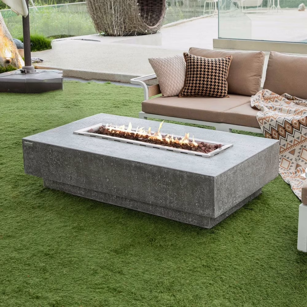 Elementi Outdoor Lunar Fire Bowl 42 Inches Grey Durable Fire Pit Table Glass Reinforced Concrete Round Fire Table Natural Gas Patio Fire Place Electronic Ignition Lava Rock Included