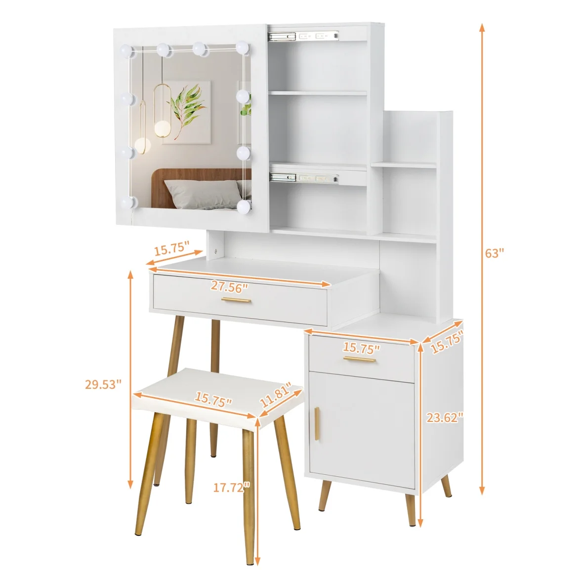 Black Bedroom Makeup Vanity Set, Vanity Desk with Light, Mirror and Cushioned Stool, Modern Makeup Dressing Table for Girls, Wife, Daughter, Mother, Adjustable Light Brightness