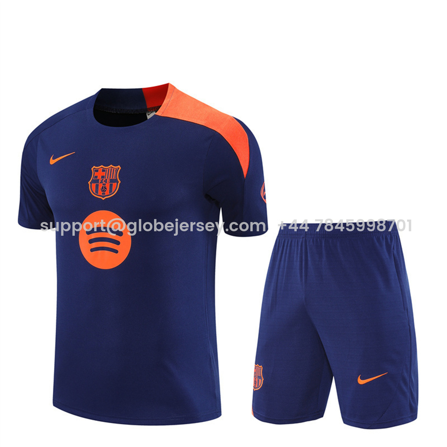 Barcelona 25-26 Short-Sleeve Training Set - Royal Blue Top Orange Sponsor & Royal Blue Shorts