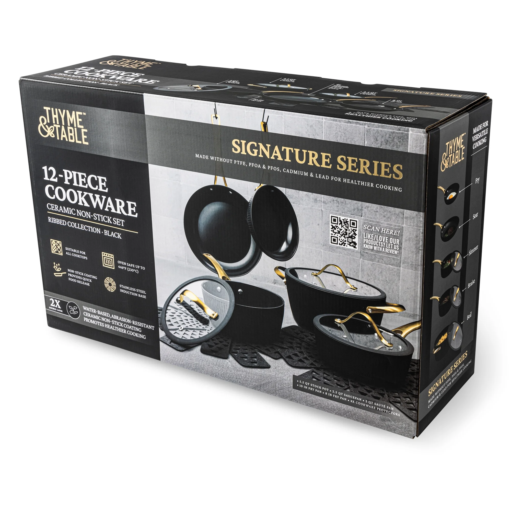 Thyme & Table 12-Piece Nonstick Signature Ribbed Cookware Set, Pots and Pans Set - Black & Gold