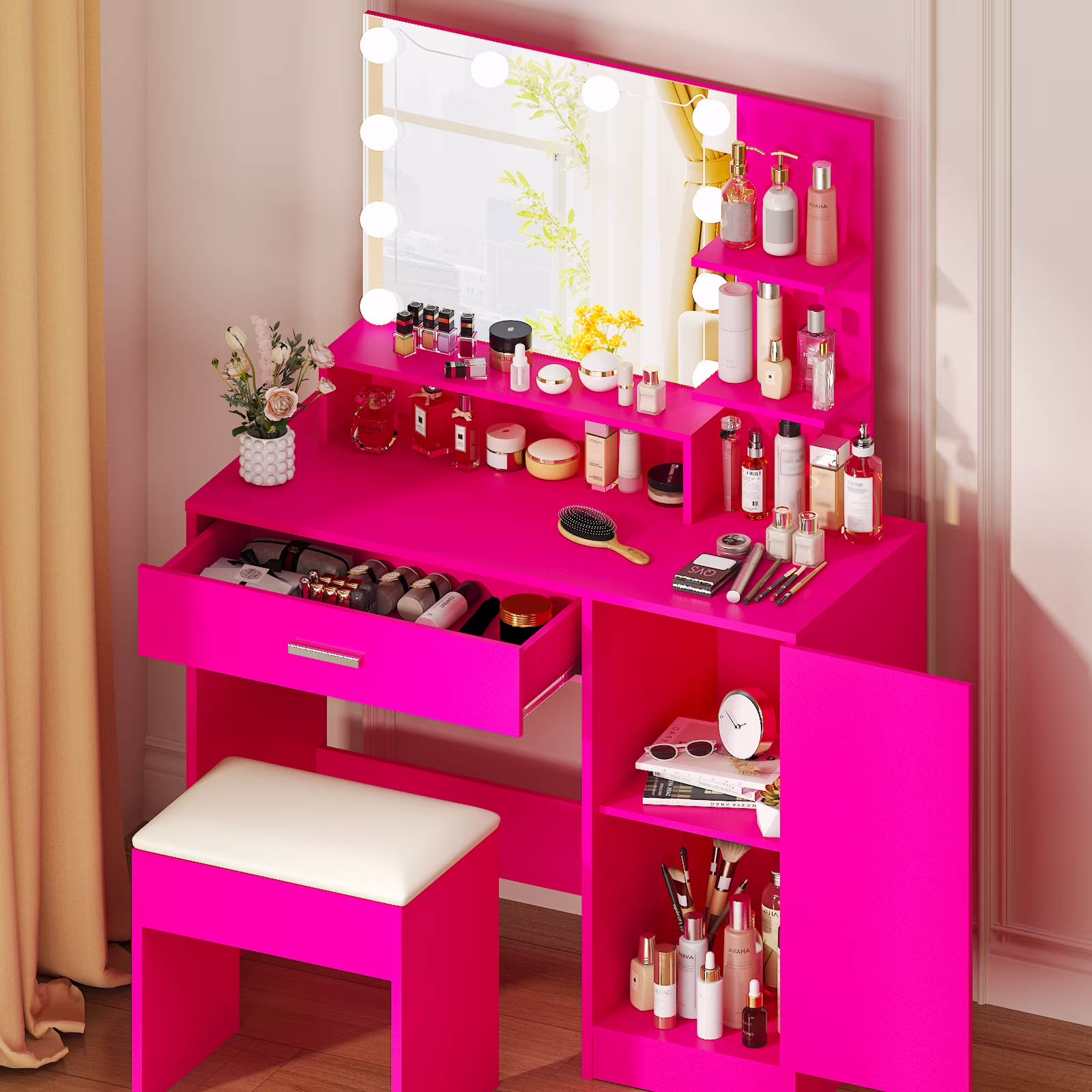 Ktaxon Vanity Set with 3 Color Lighted Mirror, Makeup Table with 3 Storage Shelves & Drawers, Dressing Table Makeup Desk with Stool,White