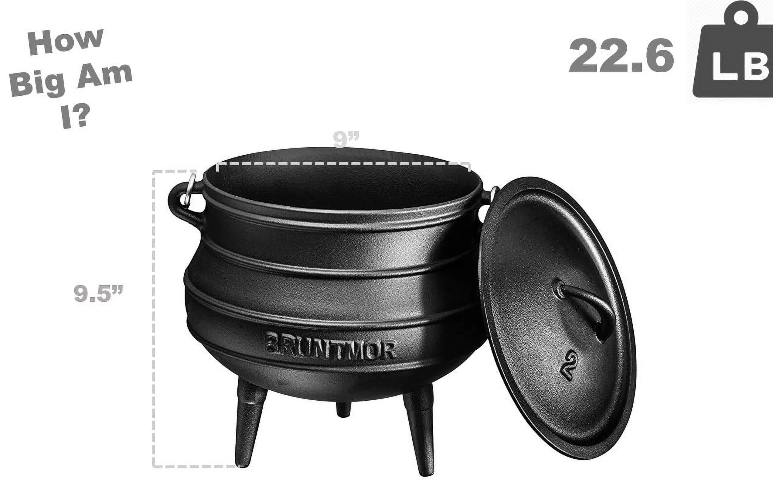 Bruntmor Pre-Seasoned Cast Iron Cauldron - Bruntmor African Potjie Pot with Lid - 3 Legs for Even Heat Distribution - Camping Dutch Oven Cookware for Over-the-Fire Cooking - 10 Quarts, X-Large