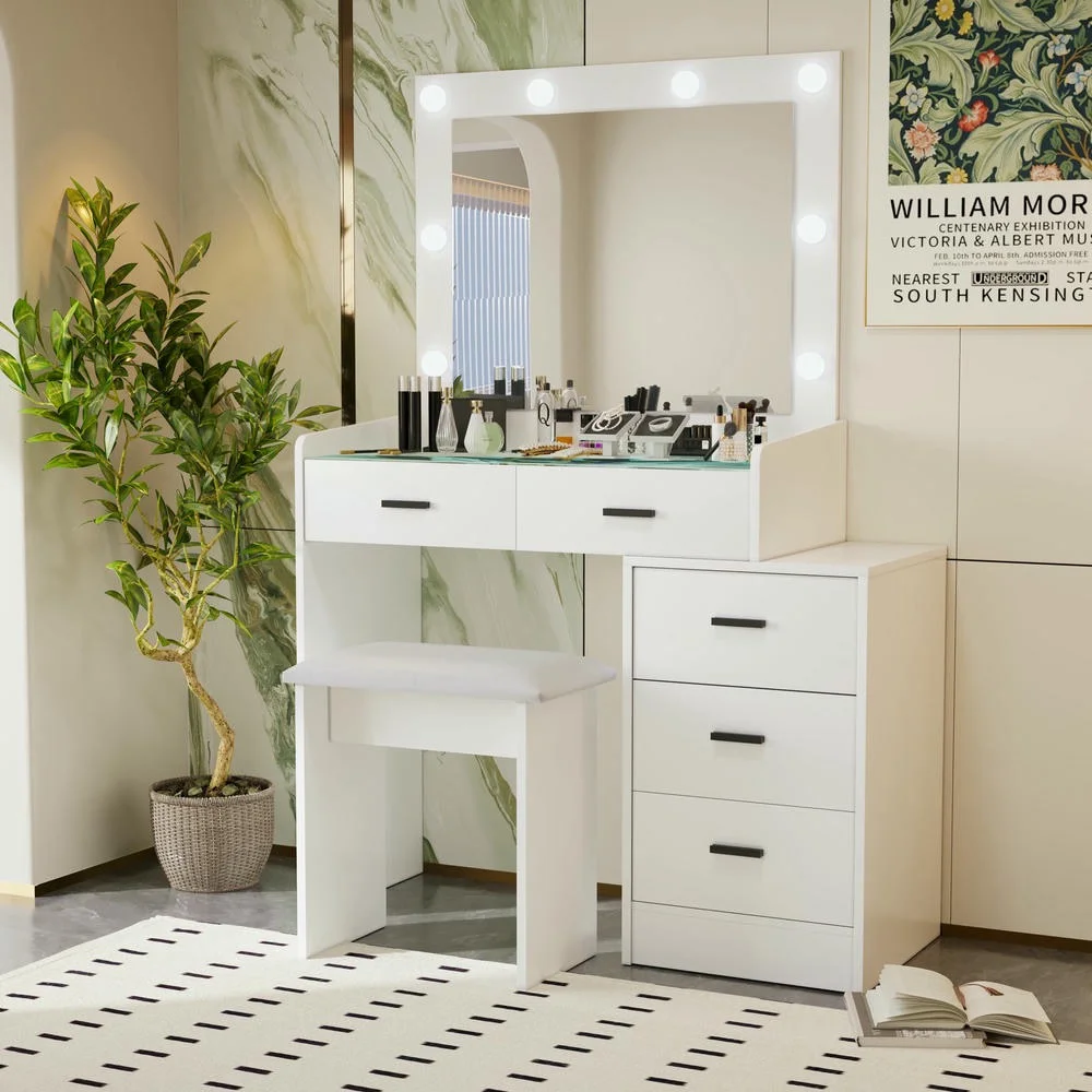 Kadyn Vanity Desk with Lighted Mirror, Vanity Table and Chair Set with 2 Drawers, Dressing Table Makeup Desk with 1 Door, Retro Gray