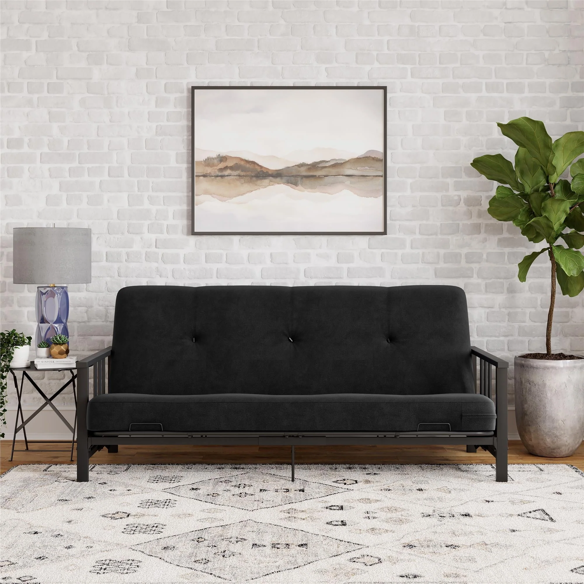 DHP Harlow Full Metal Arm Futon with 6â Thermobonded High Density Polyester Fill Black Microfiber Mattress