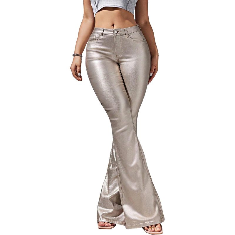 Women's Faux Leather Coated Flare Pants Mid