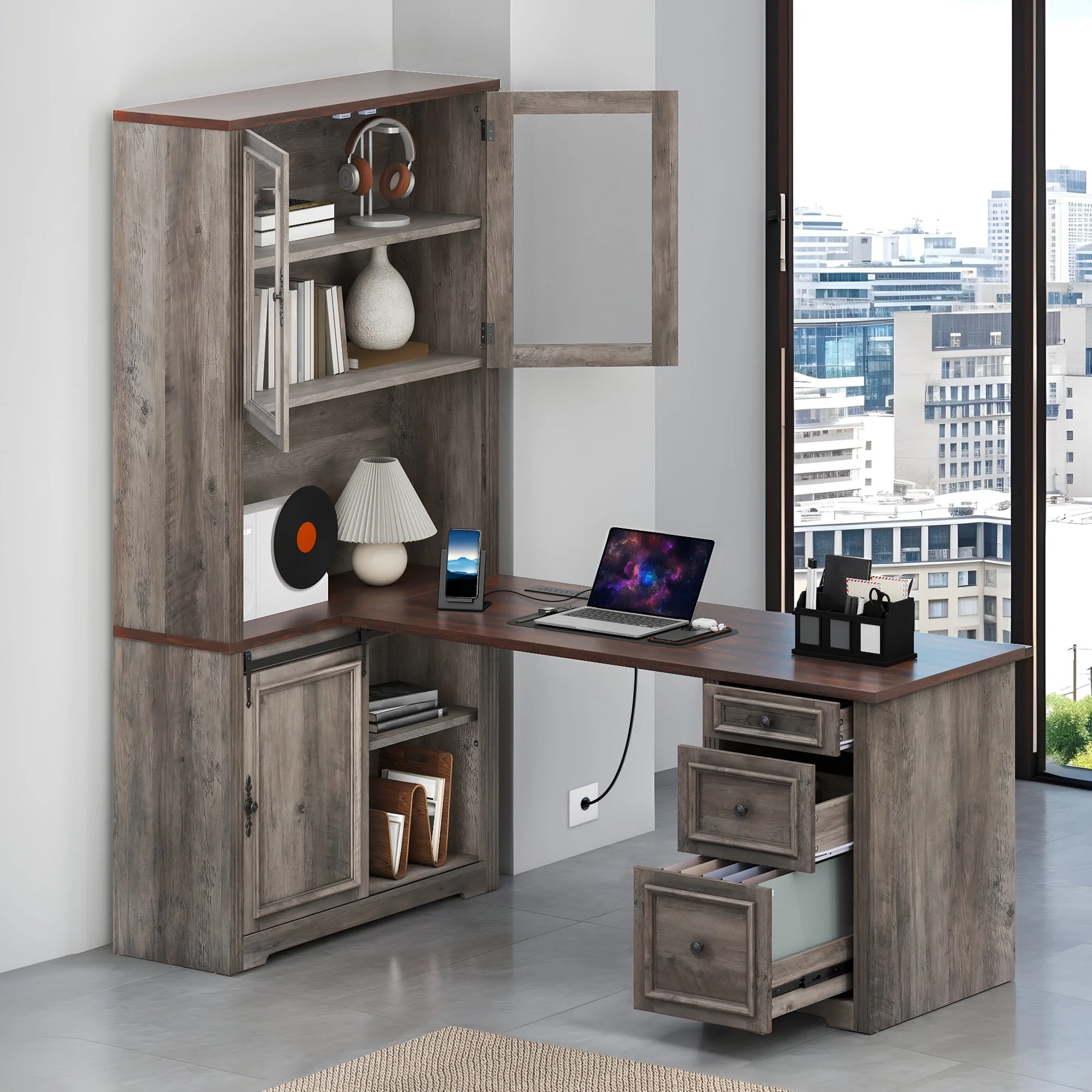 Craftian Executive Desk with Hutch, L Shape Computer Desk, Wood Office Desk with Storage Cabinet, White