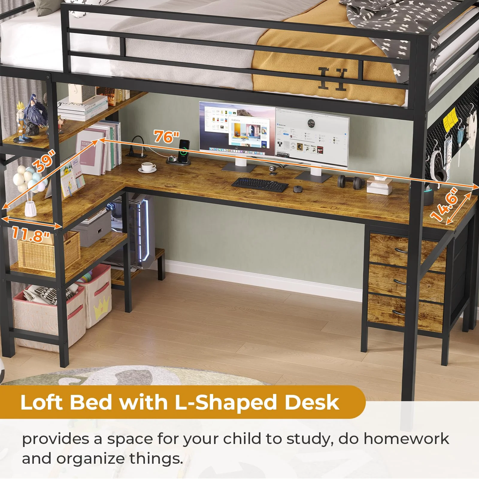 Afuhokles Loft Bed Twin Size with L-Shaped Desk and Charging Station, LED Light Twin Metal Loft Bed with Fabric Drawers and Shelves, Gray