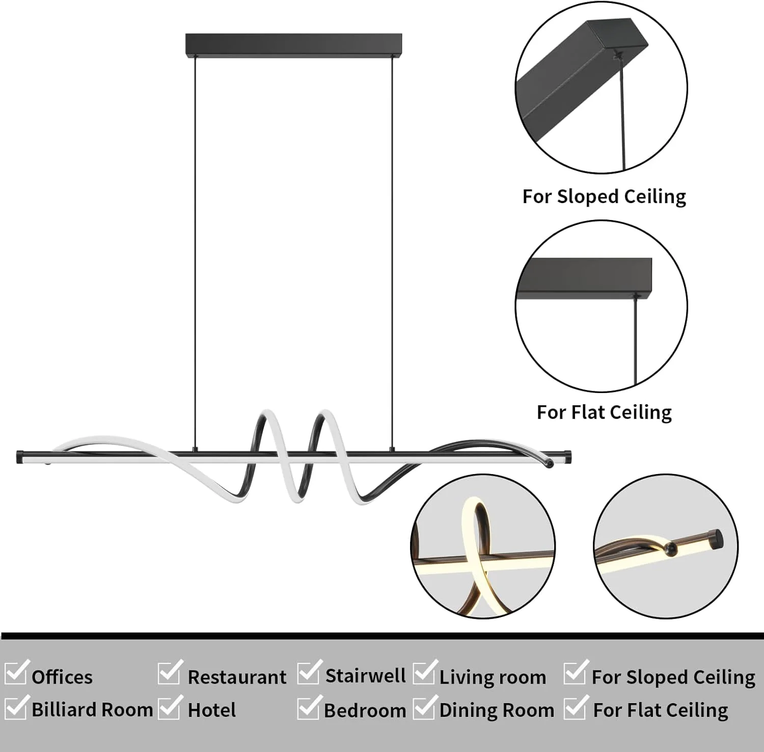 Modern Led Chandelier Dimmable Desk Linear Pendant Light with Remote Control Dimmable 3 Color Mode & Brightness Ceiling Lamp Dining Light Fixture for Kitchen Dining Room 39inch Black