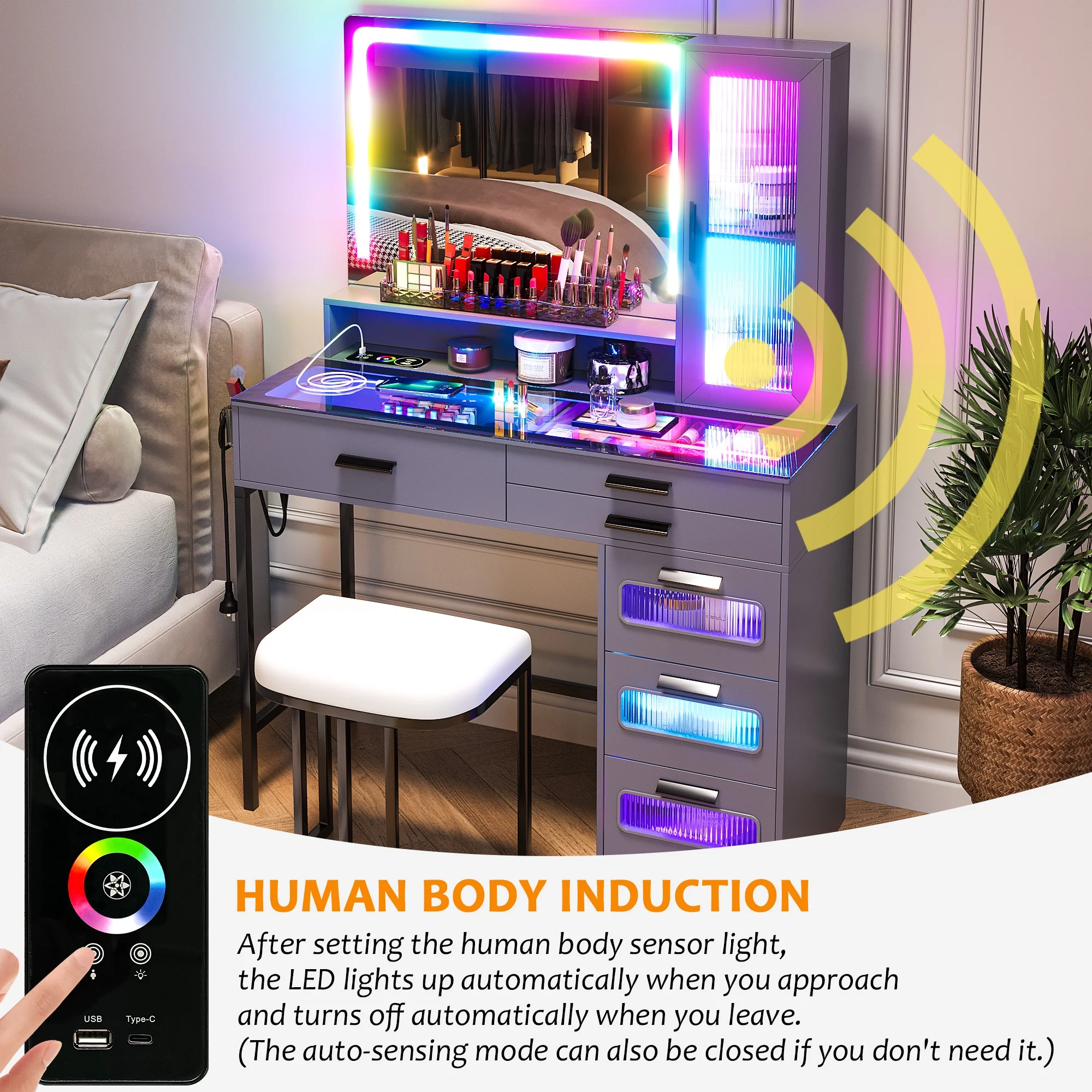 HNEBC Vanity Desk with Mirror and RGB Lights, Glass Top Makeup Vanity with Auto Sensor Lights and Wireless Charging, Vanity Table Set with Cushion Stool, Dressing Table with 6 Drawers (White)