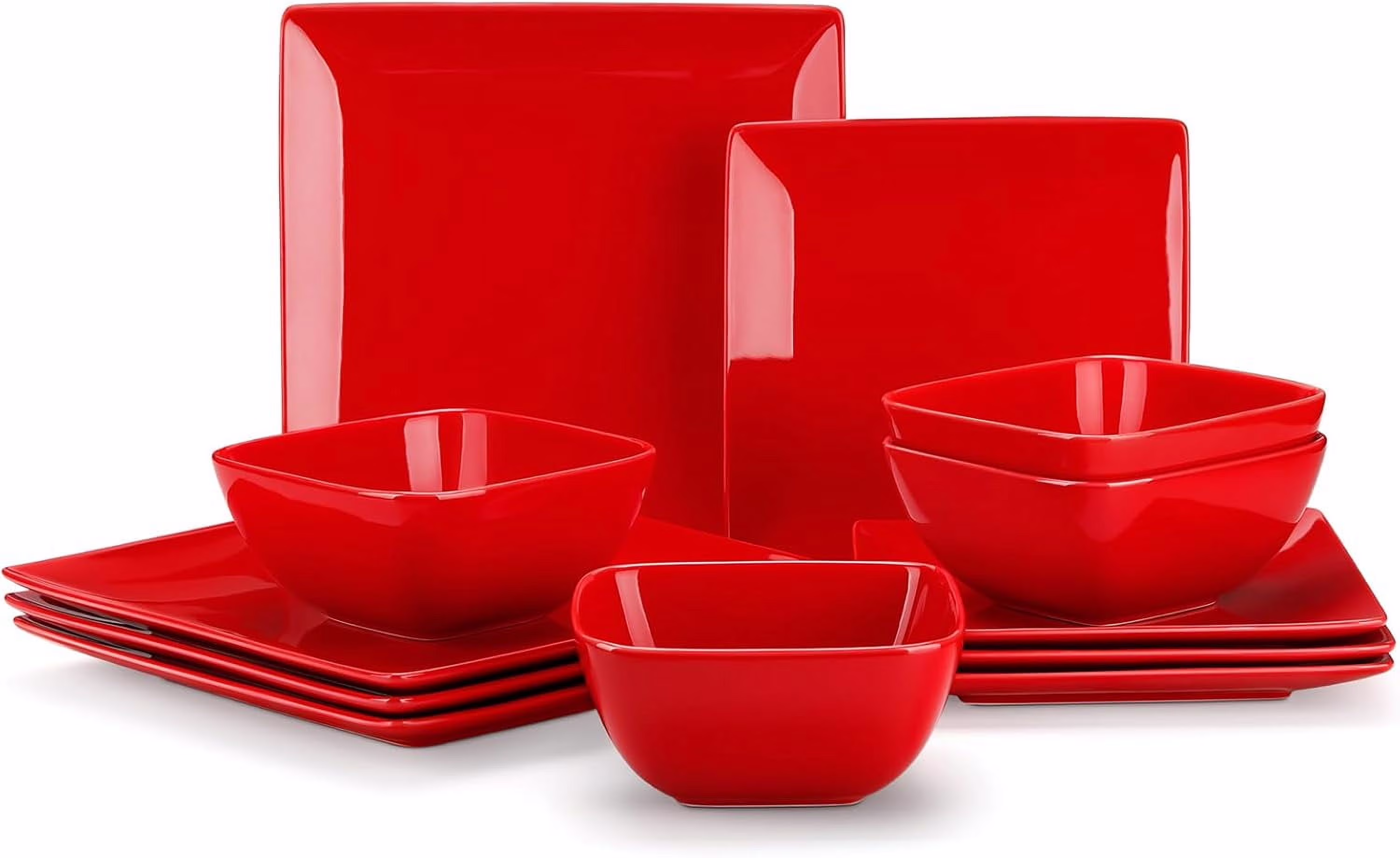 Dinnerware Sets 12 Pieces, Stoneware Square Place Setting, Dinner Plate, Dessert Plate, Bowls Service for 4