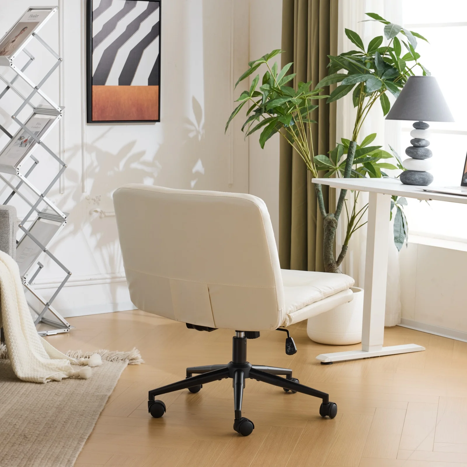 Ktaxon Armless Office Chair Swivel Study Chair Adjustable Desk Chair with Criss Cross Legs and Wheels for Conference and Home Faux Leather Gray