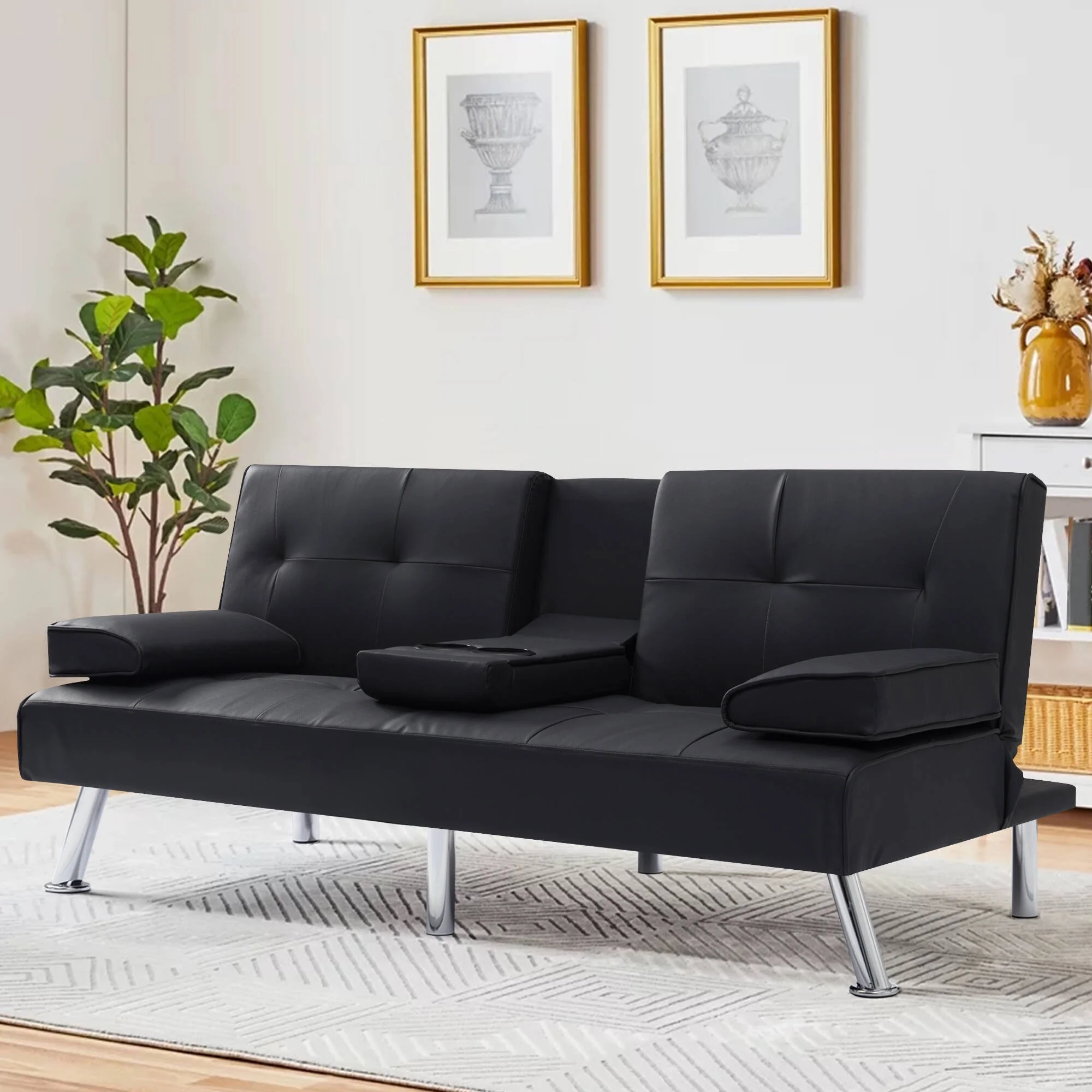 BEABA Futon Sofa Bed Modern PU Faux Convertible Couches with Cup Holder and Pillows Folding Furniture Upholstery