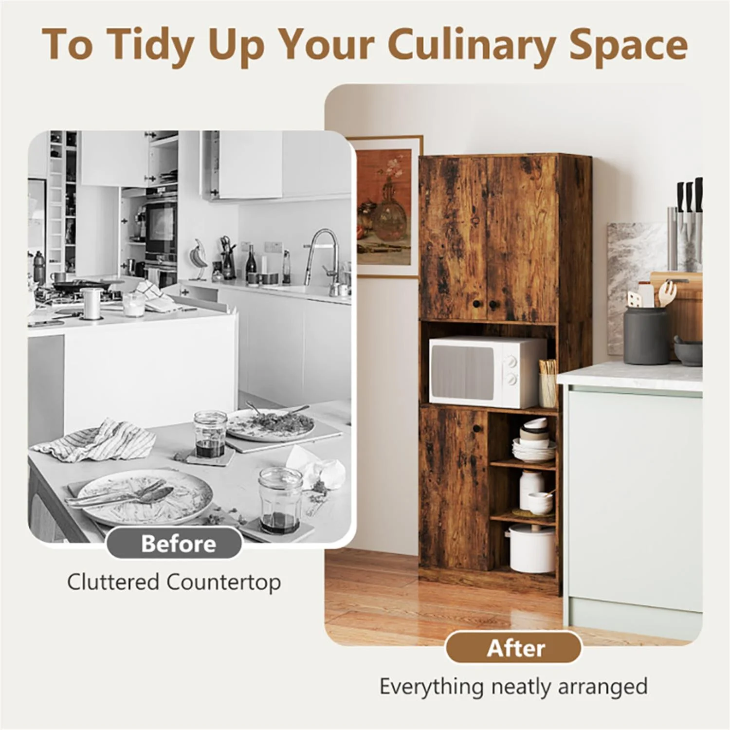 Finihen Pantry Cabinet Cupboard with 3 Doors, Microwave Stand and Open Shelves, Standing Storage Cabinet for Kitchen, Laundry or Utility Room, Brown