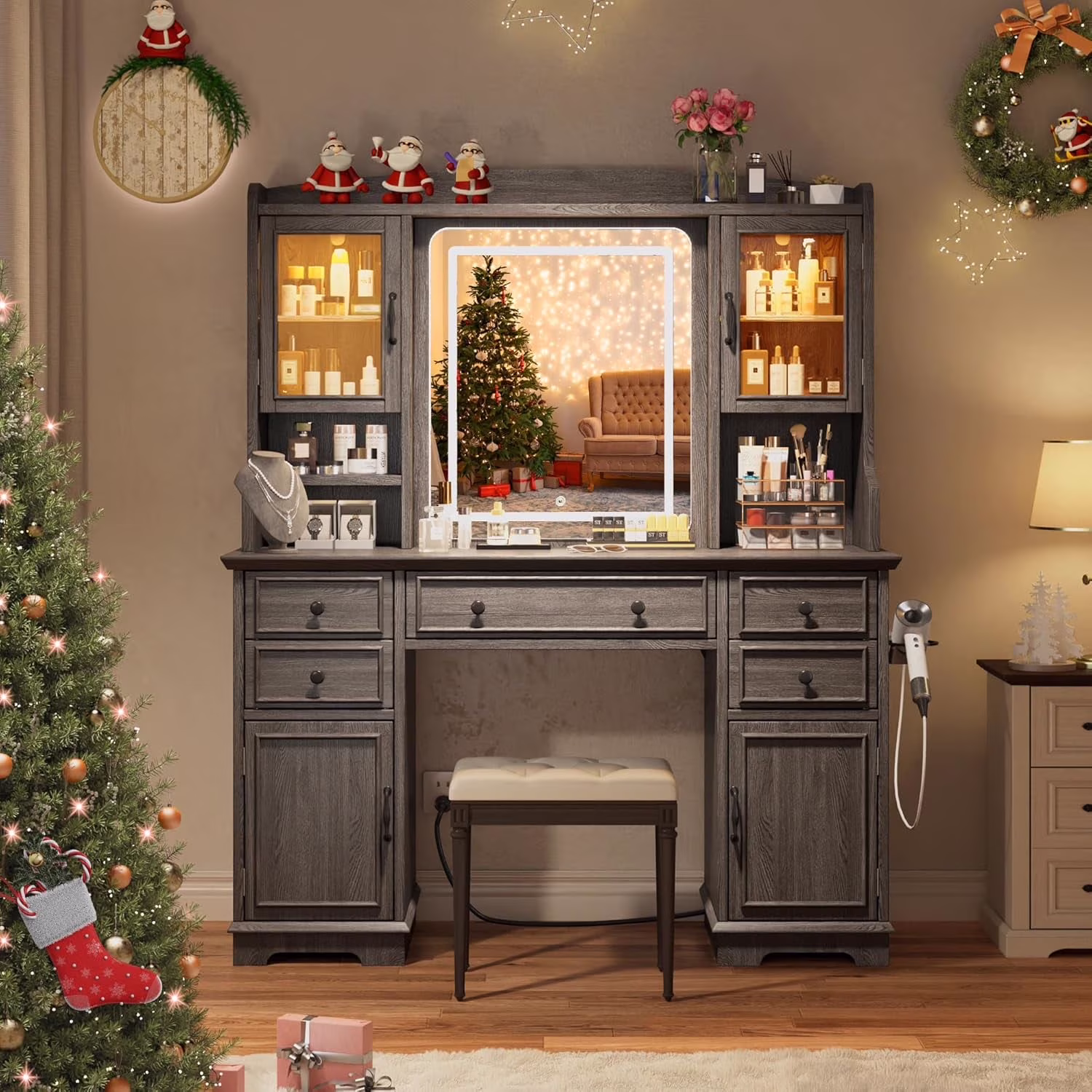 EnHomee Farmhouse Vanity Desk with Mirror and Lights White Vanity with Lighted Mirror Makeup Vanity Set with RGB Cabinets and Storage Drawers
