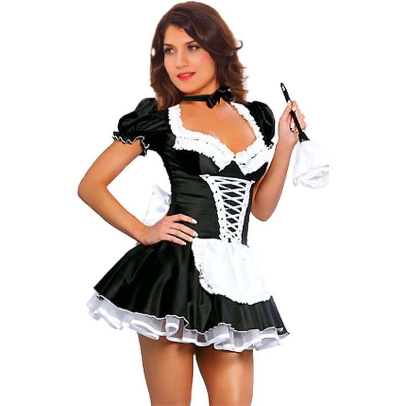 Women's French Maid Costume Sexy Black Satin