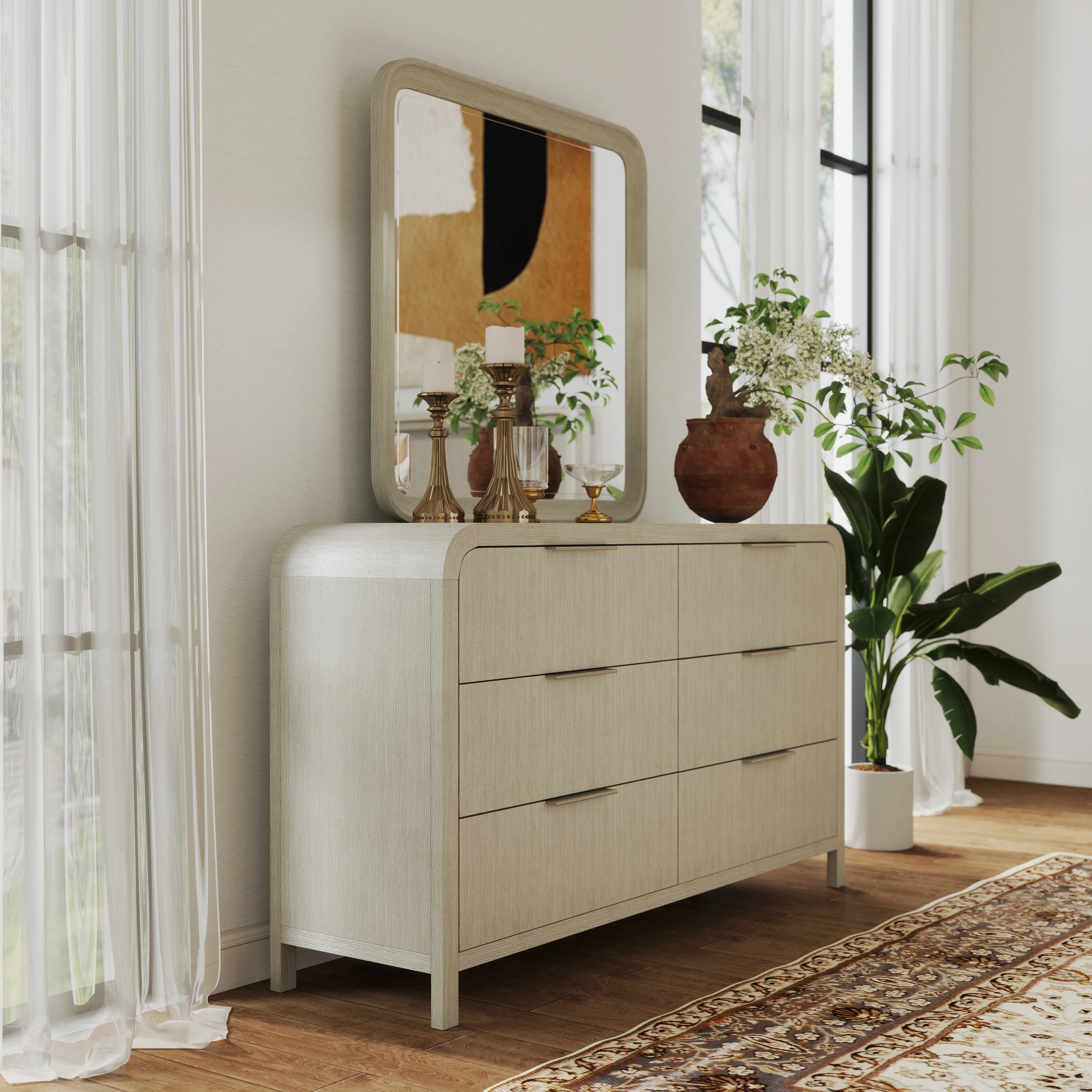 Roundhill Furniture Tavari 6-Piece Bedroom Set with Panel Bed, Dresser, Mirror, Two Nightstands, and Chest in Light Gray, King Size